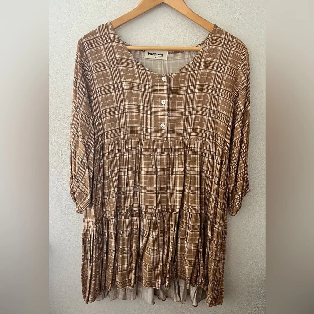Impressions Tan Plaid Button-Up Dress - Picture 1 of 6